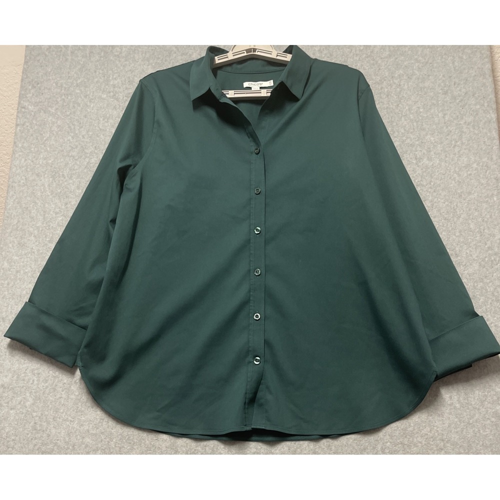 Chicos Women's Green Button Up Dress Shirt Sz 14 Office Professional
